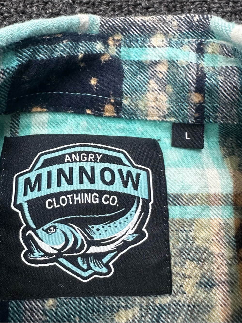 ANGRY MINNOW Mens Medium Teal Bleach Drink Wine Judge People L Flannel Shirt - Picture 3 of 8